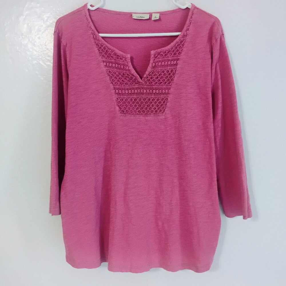 L.L. Bean Pink Cotton Lace Trim V Neck Long Sleeve Top Medium